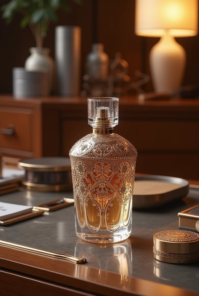 A beautiful designed perfume atomizer sitting in vanity