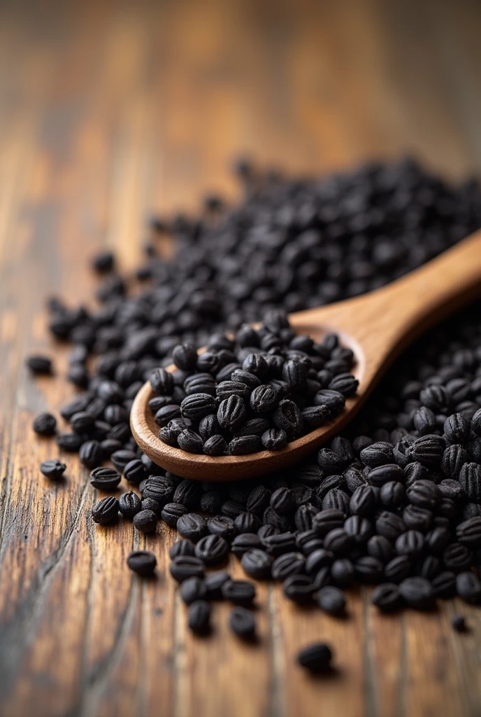 Photo with black cumin and one wooden place where i can put my sticker but photo to be taken by side not from up