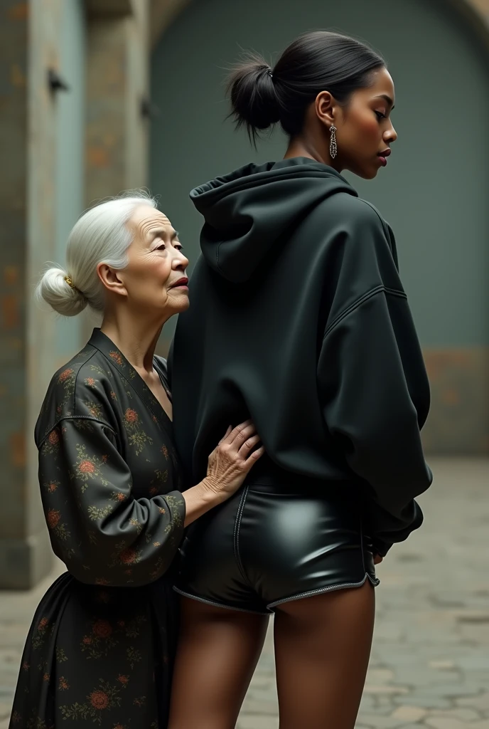 black woman hair in a bun black hoodie black leather short shorts a old grandma in a dress on her knees kissing her ass behind her hand is in her ass
