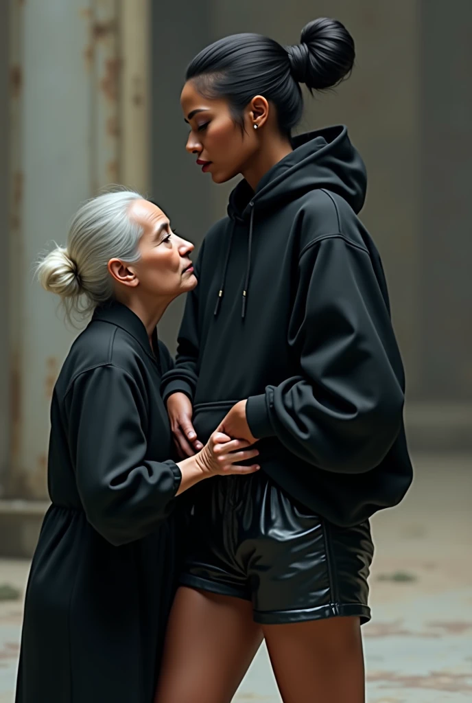 black woman hair in a bun black hoodie black leather short shorts a old grandma in a dress on her knees kissing her ass behind her hand is in her ass
