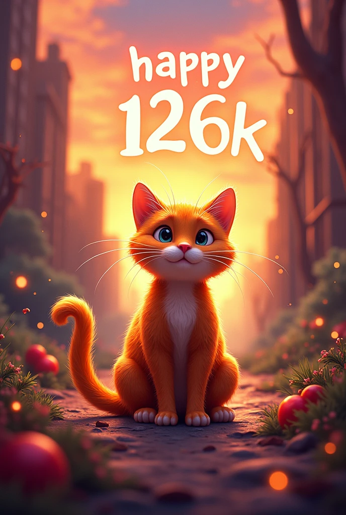 Design the word "HAPPY 126K FOLLOWERS" below it "Amie Cepillo" make it colorful and cinematic with orange cat beside