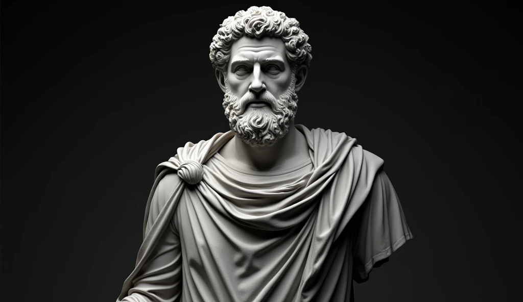 A detailed, monochromatic sculpture of Marcus Aurelius centered against a dark background, illuminated by soft, diffused lighting highlighting the textures and stoic expression. " Hyper-realistic "