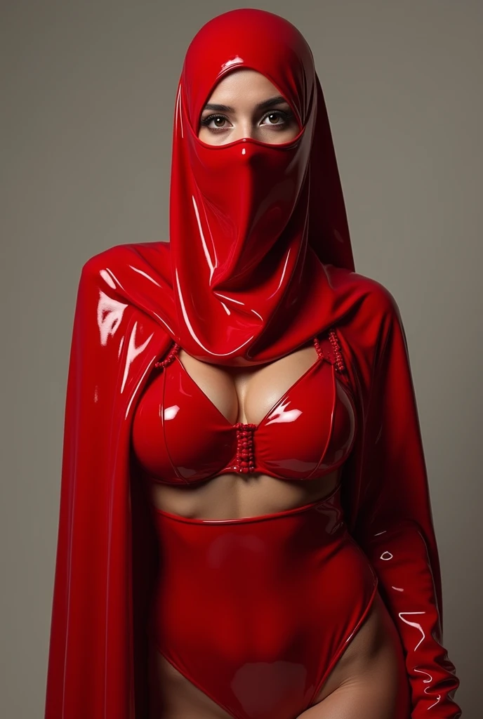Muslim women wearing the shiny latex red veil, big breasts, show dark red shiny latex bikiny