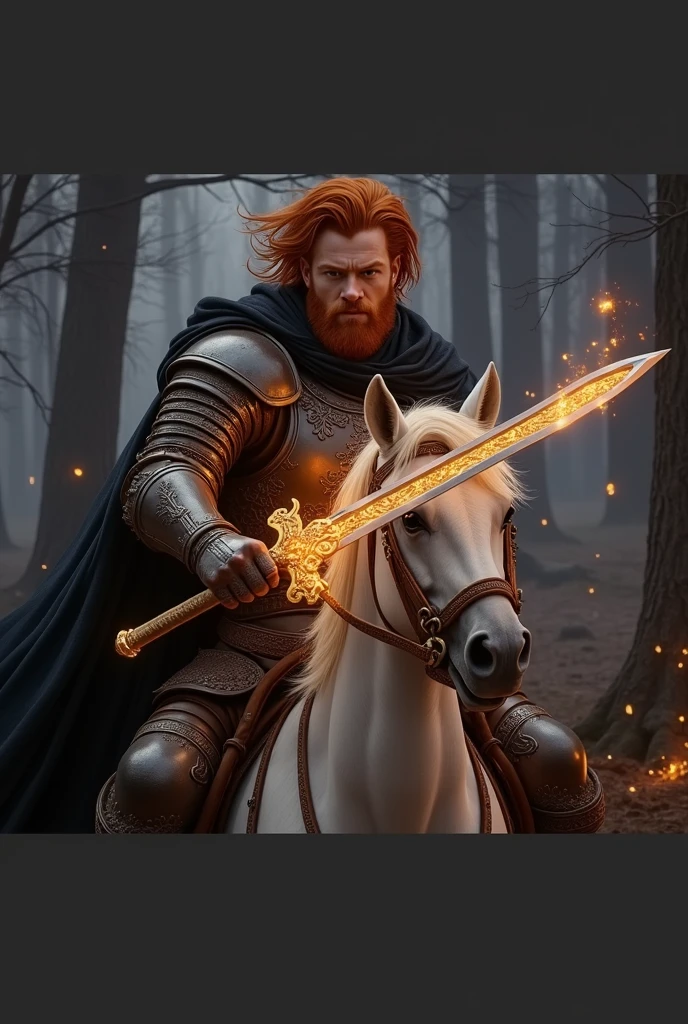 A male warrior ginger hair riding on a hors, ornate sword with both hands, illuminated by a fiery orange aura that highlights intricate golden designs on the blade and hilt; rugged expression, dark tousled hair flowing freely, clad in elaborate metallic Armor with a dark cloak draping over his back; misty twilight forest background with dark looming trees, smoky ethereal air, glowing embers and sparks around; earthy browns, oranges, and golds dominate the scene, contrasting