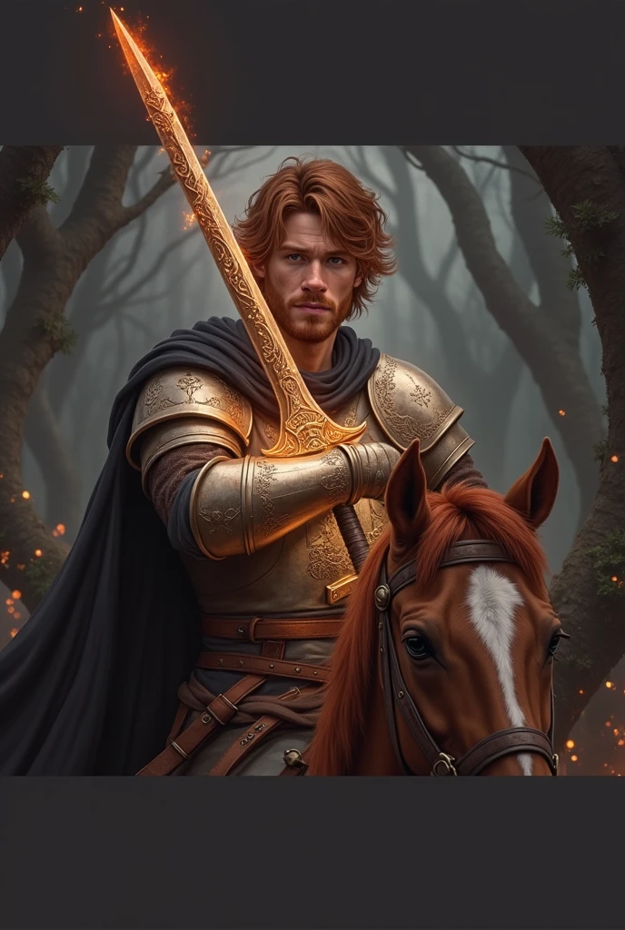 A male warrior ginger hair riding on a hors, ornate sword with both hands, illuminated by a fiery orange aura that highlights intricate golden designs on the blade and hilt; rugged expression, dark tousled hair flowing freely, clad in elaborate metallic Armor with a dark cloak draping over his back; misty twilight forest background with dark looming trees, smoky ethereal air, glowing embers and sparks around; earthy browns, oranges, and golds dominate the scene, contrasting