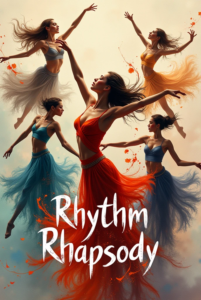 Background has various dance poses and dance written in asthetic manner and rhythm rhapsody written on top
