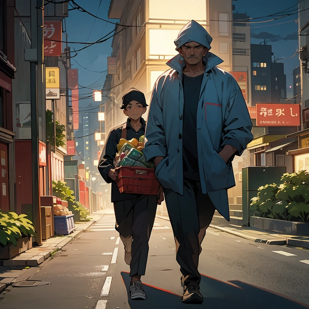 The middle aged man starts walking towards his home on a city road the time is night and he is holding grocery in left hand