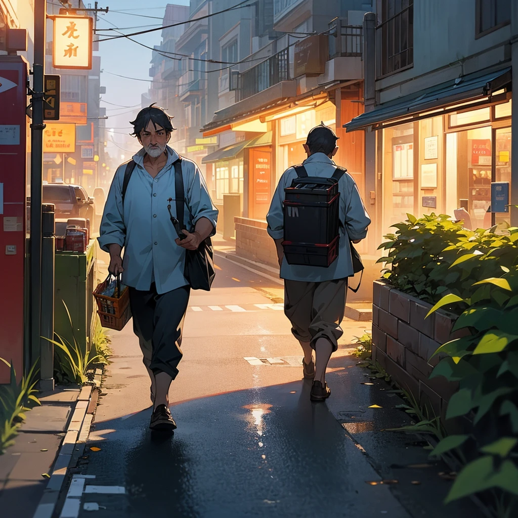 The middle aged man starts walking towards his home on a city road the time is night and he is holding grocery in left hand