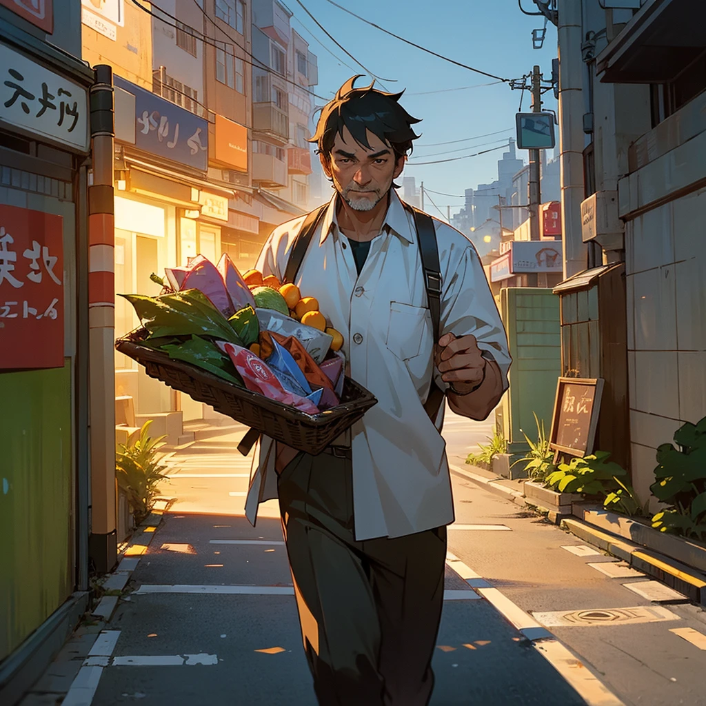 The middle aged man starts walking towards his home on a city road the time is night and he is holding grocery in left hand