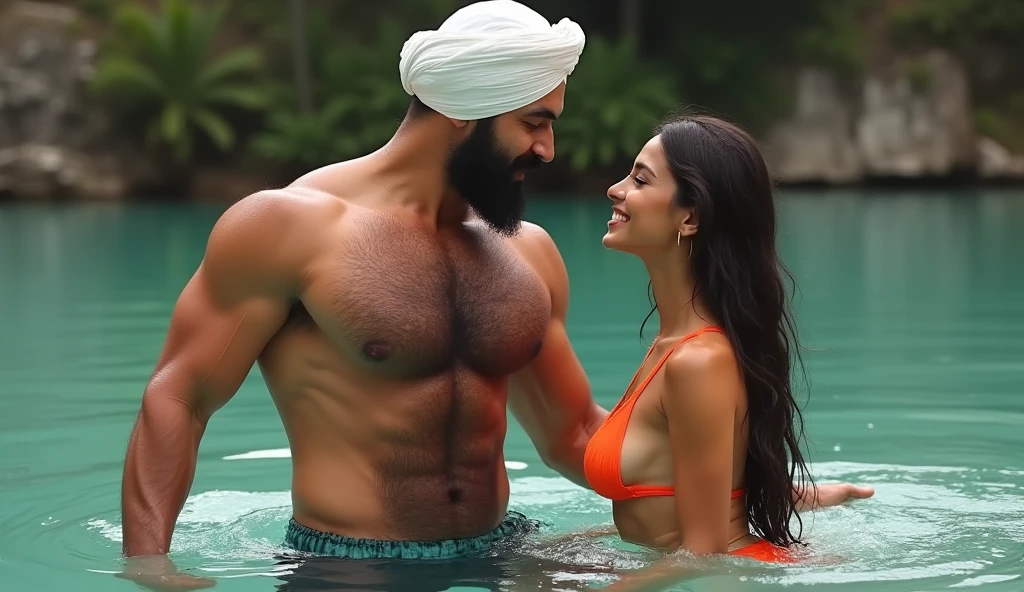 A Masculer man,hairy chest,wearing swiming shorts wite muslims wite turban,teaching swimming technics,to a beautiful Young woman,wearing Orange coloure swiming bikni,Sindoor on hair line of head,smilling,kissing mans hairy chest