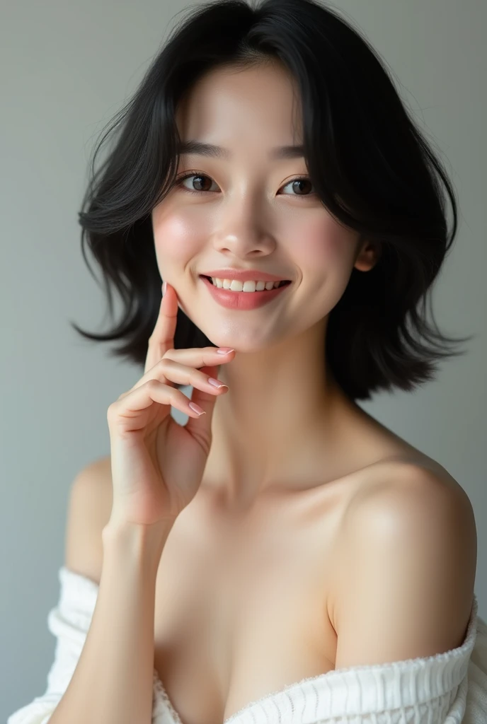 Tabletop、Photorealistic、highest quality、Highest quality、masterpiece、Ultra-high resolution、Raw photo、Realistic、Bright lighting、Face Light、Smooth Professional Lighting、Looking at the camera、alone、Adult women、Beautiful woman、Super Beauty、Realistic肌、Moisturized Skin、Realistic eyes and faces、Perfect model body shape、Beautiful Eyes、Big eyes、Inconspicuous tear bags、slim、Medium sized big breasts、Beautiful fingers、Very short hair、Black Hair、black eye、seems to be happy、(Both ears are hidden in the hair)、(((Wizard)))、Inside the harpoon