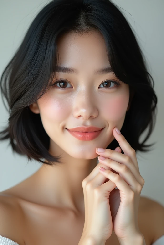 Tabletop、Photorealistic、highest quality、Highest quality、masterpiece、Ultra-high resolution、Raw photo、Realistic、Bright lighting、Face Light、Smooth Professional Lighting、Looking at the camera、alone、Adult women、Beautiful woman、Super Beauty、Realistic肌、Moisturized Skin、Realistic eyes and faces、Perfect model body shape、Beautiful Eyes、Big eyes、Inconspicuous tear bags、slim、Medium sized big breasts、Beautiful fingers、Very short hair、Black Hair、black eye、seems to be happy、(Both ears are hidden in the hair)、(((Wizard)))、Inside the harpoon