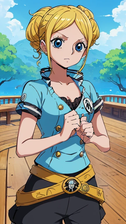 (1girl, ppgzbb), (extremely detailed CG unit 8k wallpaper),(master part), (best quality), (ultra detail), (best illustration),(Oda Eiichirou (One Piece Style)), cowboy shot, (Sharp eyeliner, ombre, detailed eyes:1), deck, outdoors , pirate, break , upper body,(blue eyes, blonde hair, twin drills, hairclip, ), standing,