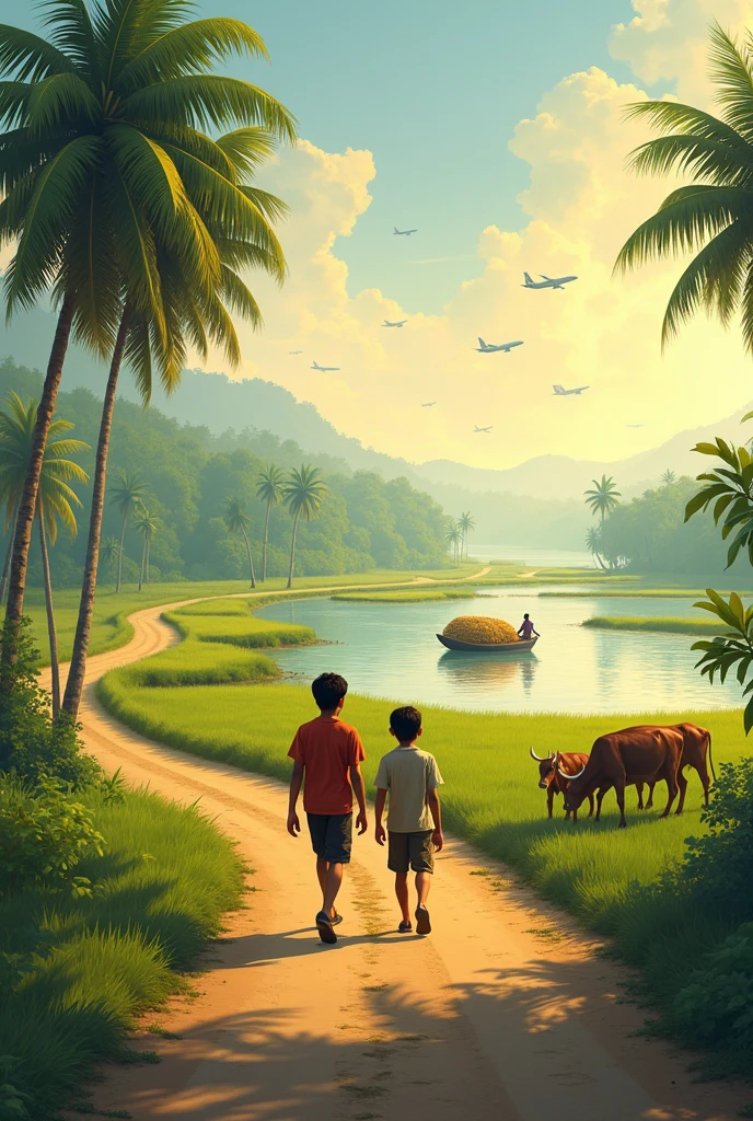 A boy and his friend are walking along a beautiful road in rural Bengal. Rows of green paddy fields and some coconut trees can be seen on both sides of the road. A little further on the river a boatman is carrying the golden harvest in his boat. Some cows have come to drink water on the bank of the river. An airplane is flying in the sky, and birds are flying freely in the sky. Behind the boat, some ripples are forming in the calm water of the river and the sunlight is reflecting on the river, making the image more vivid.

This description can give the impression of a lively and picturesque rural scene.