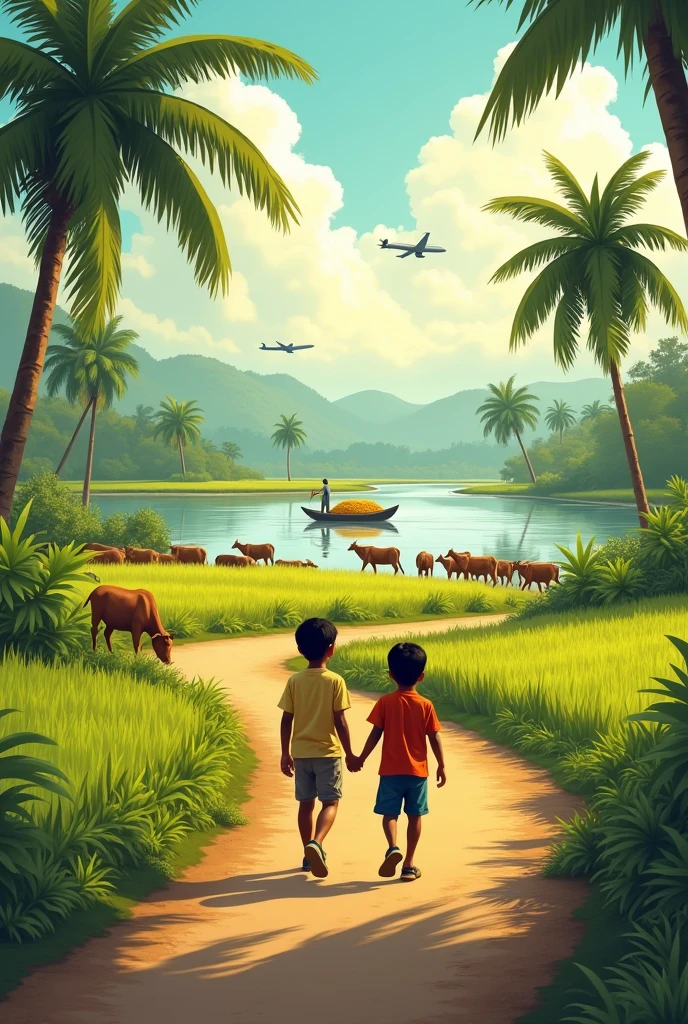 A boy and his friend are walking along a beautiful road in rural Bengal. Rows of green paddy fields and some coconut trees can be seen on both sides of the road. A little further on the river a boatman is carrying the golden harvest in his boat. Some cows have come to drink water on the bank of the river. An airplane is flying in the sky, and birds are flying freely in the sky. Behind the boat, some ripples are forming in the calm water of the river and the sunlight is reflecting on the river, making the image more vivid.
This description can give the impression of a lively and picturesque rural scene.