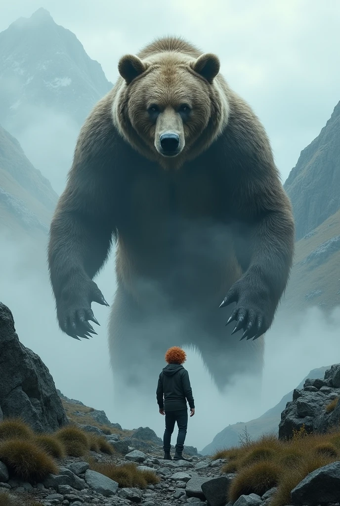 On a mountain in gray weather, A man with curly red hair stands calmly in front of a large bear 