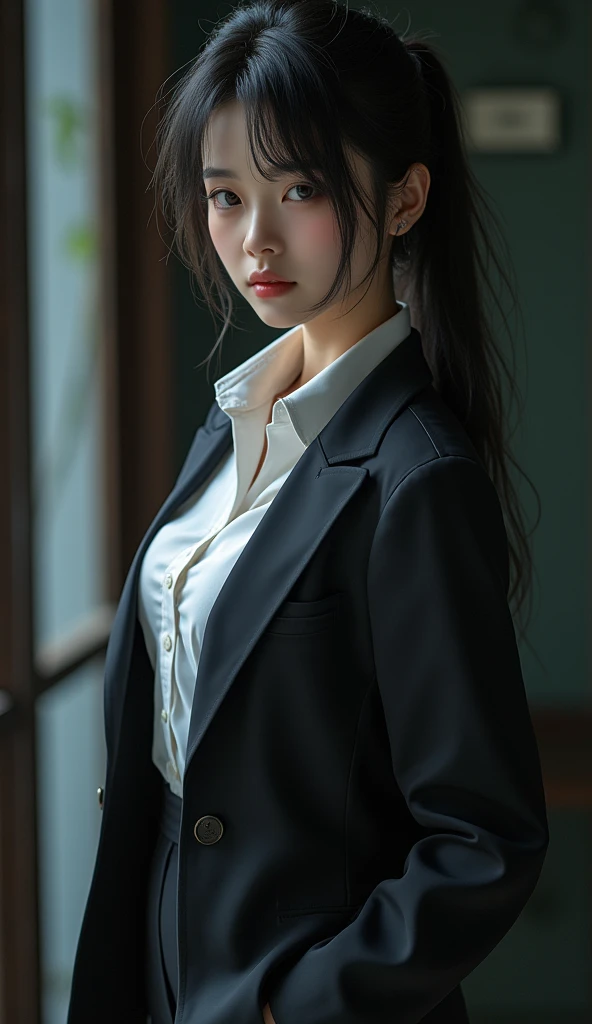 One Girl、Beautiful Japanese Women、Small waist、Beautiful woman with perfect style：1.4、Medium size bust detailed face，、compensate、Whole Body Ezbian、  school uniform，, Dark atmosphere、ponytail