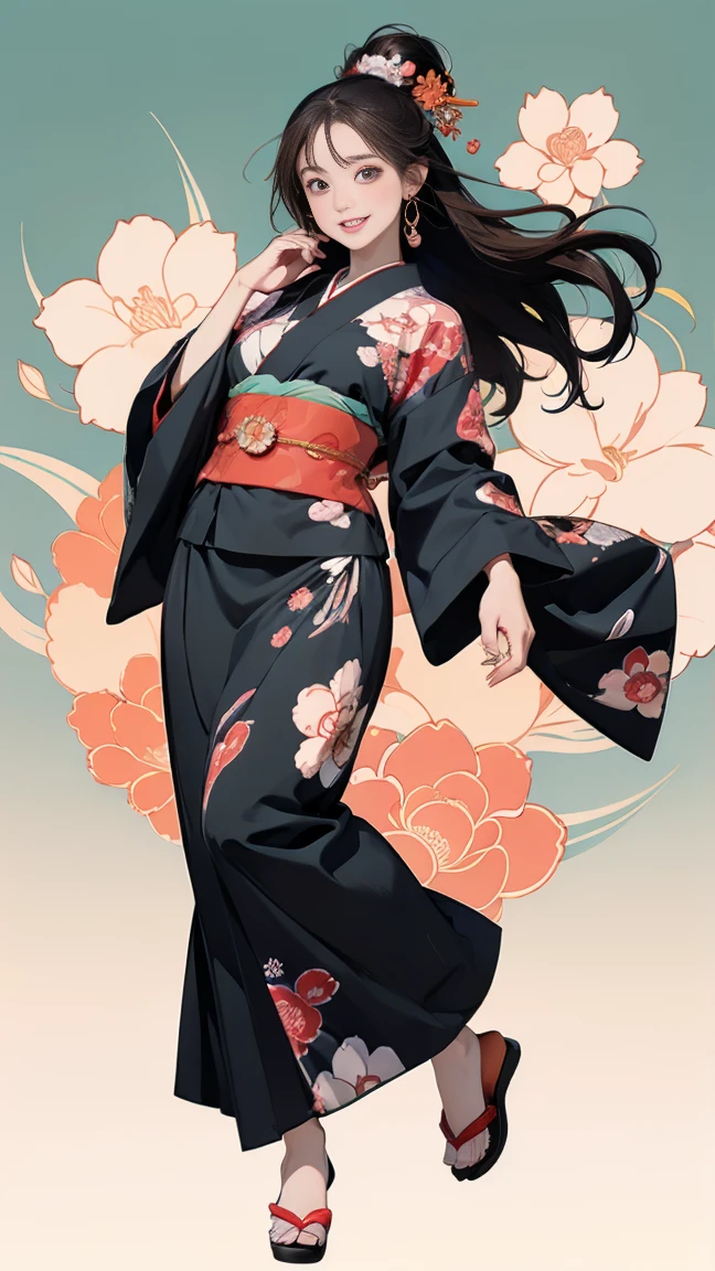 (SeaArt creates stunning illustrations of beautiful women in kimono)、Vividly colored Japanese Ukiyo-e style illustrations、A beautiful woman smiles and shows her upper white teeth、Brown-black long hair、Beautiful full body style、If you want to dance, let&#39;s dance, Tokyo Ondo, Yoi Yoi、Beautiful new digital paintings,、Bright vibrant digital anime art、 Beautiful anime portraits、background,Torii gate front of Japanese shrine、 Detailed digital anime art