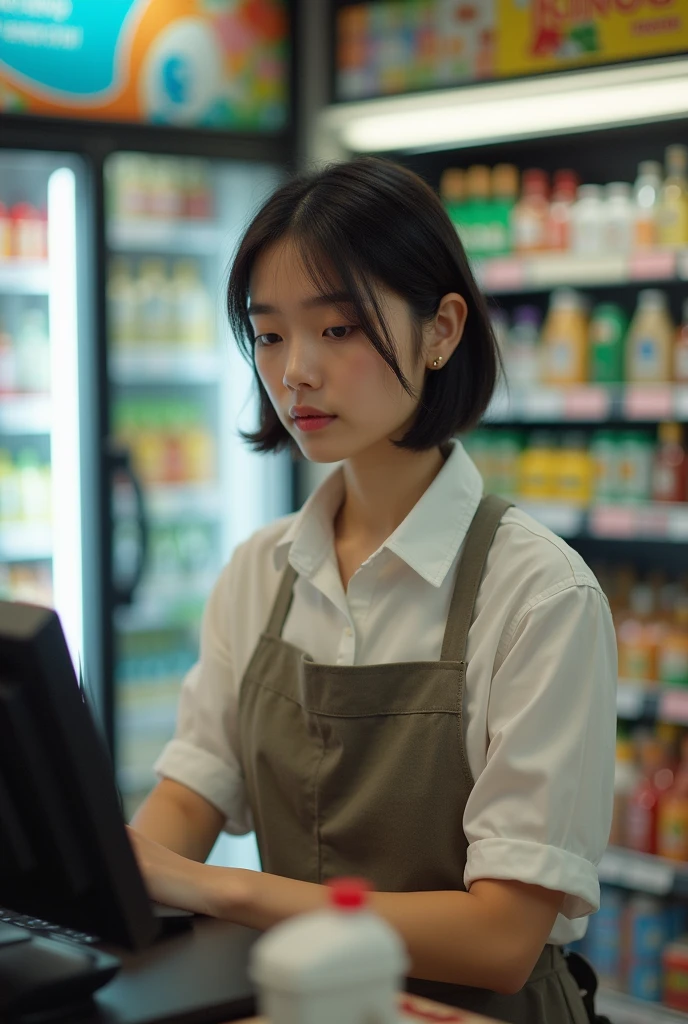 woman、Short black hair、Wearing an apron, she works at the cash register of a convenience store.
