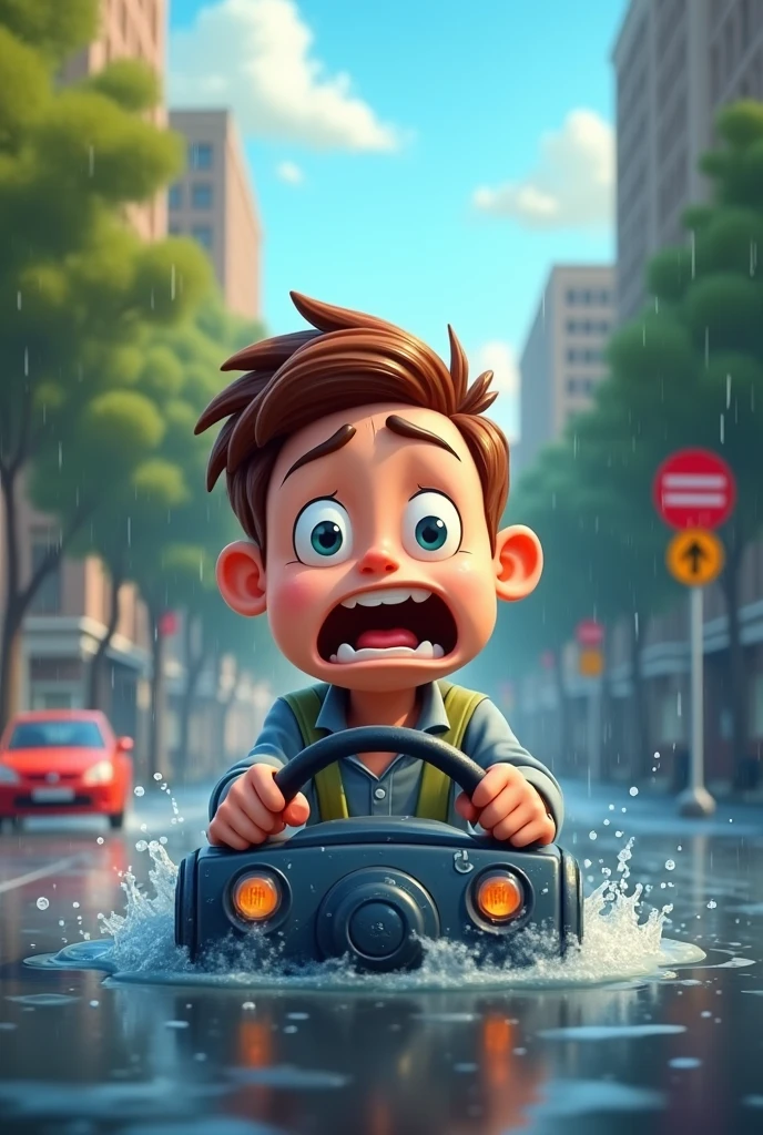 funny YouTube thumbnail for title 'slow and frustrated' about wet road addressed by our project innovation
make it horizontal