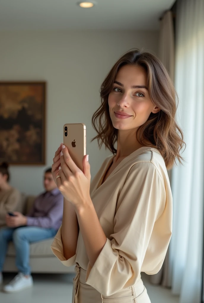 A young Caucasian woman in her twenties with slightly wavy, shoulder-length brown hair is standing in a modern living room. She wears a chic and elegant all-beige outfit: straight-cut beige tailored pants and a slightly flowing beige silk blouse, with long sleeves slightly rolled up for a sophisticated but casual look. Her hair falls naturally around her face, framing her delicate features. She holds her smartphone with one hand in front of a large wall mirror, capturing a photo of herself realistically, with a slight confident smile on her face. Around her, two other people chat happily on a modern sofa in the background, creating a social and friendly atmosphere.
