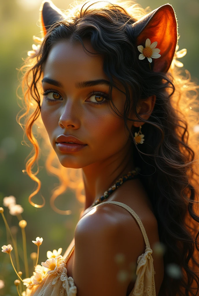 A young woman has thin, pointed ears, similar to those of a feline. These ears are slightly translucent, showing delicate details in the sunlight, as if they were woven from a fine silk fabric.
**Skin Color:** Her skin is a dark brown tone, similar to the earth in the rain. This neutral tone reflects her connection with the earth and nature. Her skin is soft to the touch, with a lightness that reminds of the warmth of the afternoon.
**Hair:** Her hair is long and curly, a dark brown that shines with golden highlights in the sun. Her strands are so fine and silky that they seem to be always in motion, floating with the slightest touch of wind. She leaves them loose, allowing the breeze to play with them, there are small wildflowers intertwined.
**Eyes:** Her eyes are a stormy yellow, reminiscent of the afternoon sun before dusk. They have a constant, restless glow. **Facial Features:** She has delicate and elegant facial features, with high cheekbones and a slightly pointed chin that enhances her agile expression. Her face is firm and has a serious expression. Her lips are thin and curved. Her arched and thin eyebrows frame her yellowish eyes, giving her an expression of eternal seriousness.
**Body:** She is slender and sexy, with a body that seems made for seduction. Her movements are quick and graceful, almost as if she were dancing to the rhythm of the wind. She has a firm and confident posture, ready to move at any moment, as if nothing could hold her back. Her arms and legs are strong and elegant, reinforcing her appearance of always being in motion.
**Clothing:** She prefers short and tight clothes, made of fine fabrics that cling to the body. She usually wears native clothes in shades of red, white, and orange, which imitate the colors of the sky at dusk. Her outfits are often adorned with small natural details. She also wears braided leather belts.