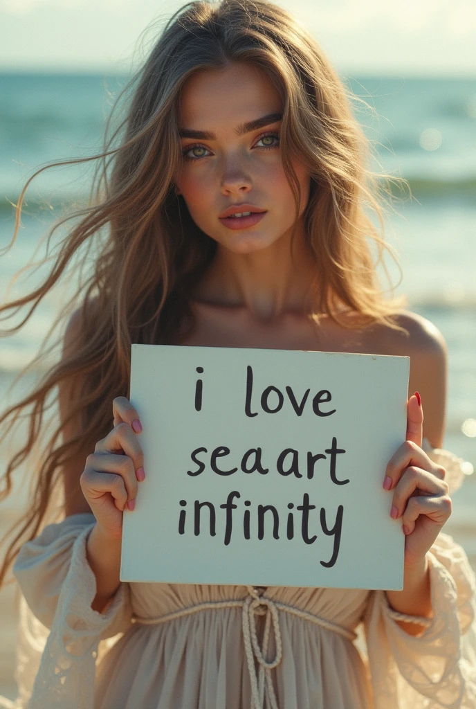 Beautiful girl with wavy long hair, bohemian dress, holding a white board with text "I Love Seaart Infinity" and showing it to the viewer