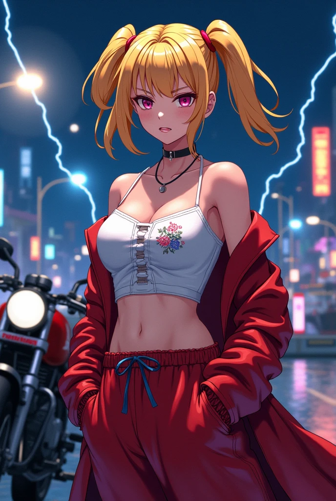 night、port、White tube top t-shirt、Showing underboob、Red leather long coat、Red drawstring sweatpants、embroidery、Bakusozoku、Yankee、Belly button、Showing underboob、Blonde、Black hairline、Wide forehead、short hair with twin tails、Get angry、lightning、dragon、bike、illumination、Showing underboob、See-through、cute、bright、Pink Panties