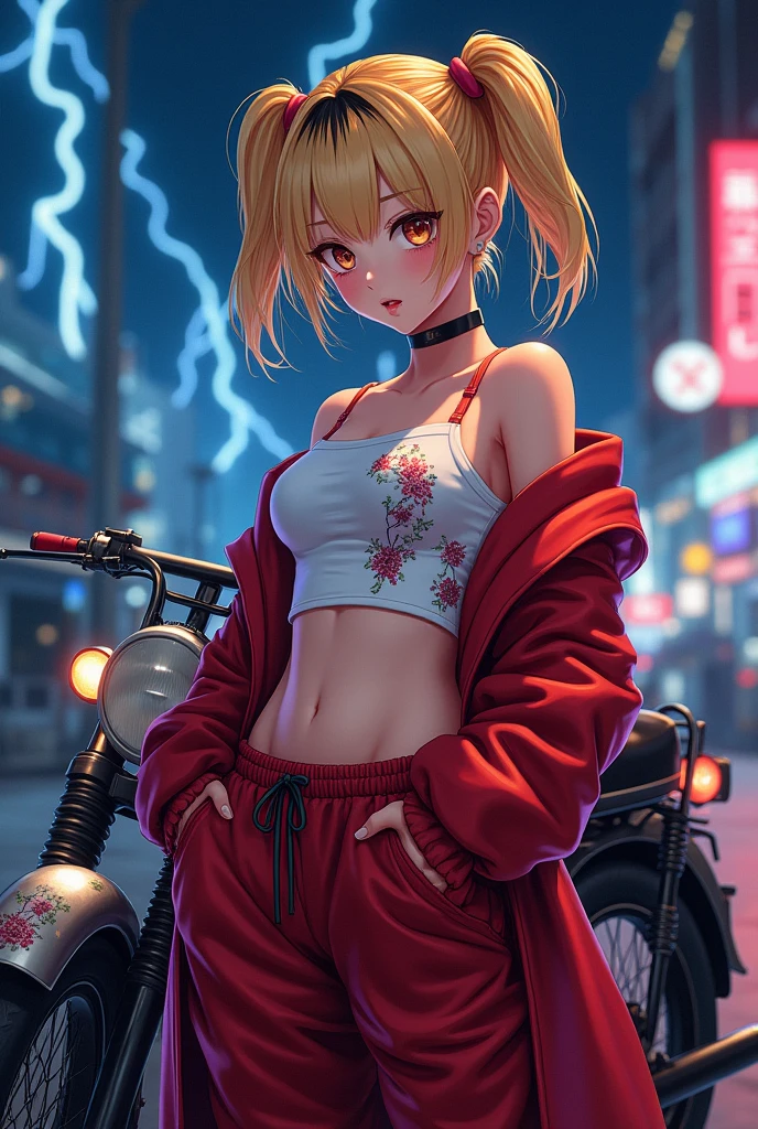 night、port、White tube top t-shirt、Showing underboob、Red leather long coat、Red drawstring sweatpants、embroidery、Bakusozoku、Yankee、Belly button、Showing underboob、Blonde、Black hairline、Wide forehead、short hair with twin tails、Get angry、lightning、dragon、bike、illumination、Showing underboob、See-through、cute、bright、Pink Panties