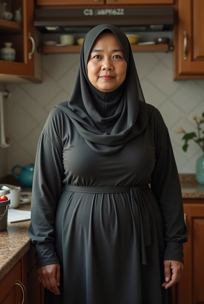Hijab Indonesian mature woman, curvy body, Breast about To burst out from her clothes, standing in kitchen