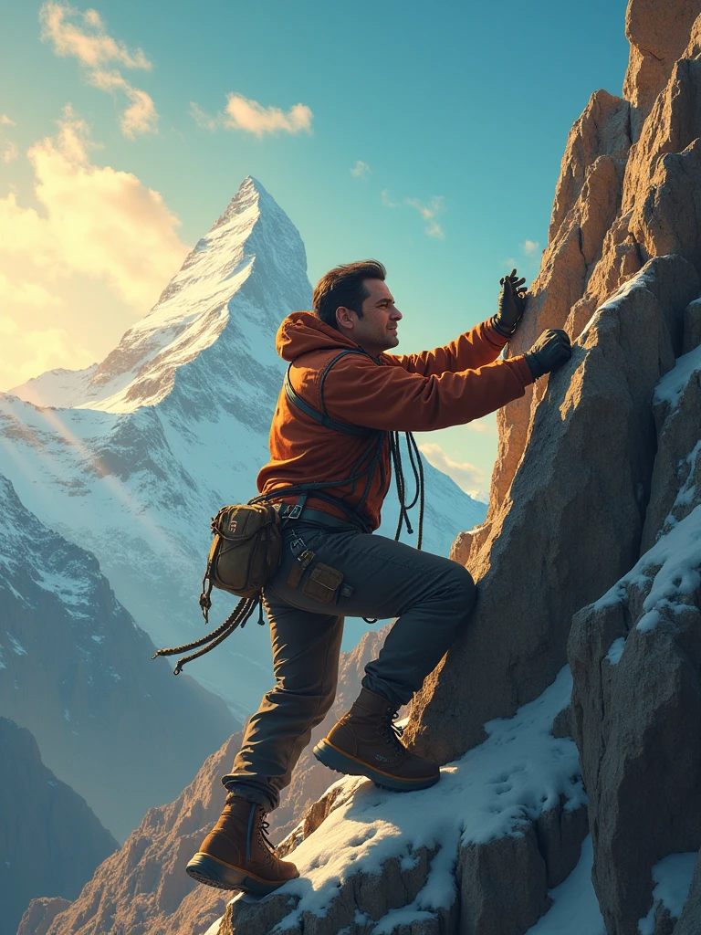 "Crée une image d'une personne grimpant une montagne sous un ciel ensoleillé et clair. Cette personne est tirée vers le bas par plusieurs autres individus qui s'accrochent à ses jambes et à ses bras, essayant de la faire chuter. Malgré la lumière chaleureuse du soleil, la scène montre la lutte intense et les efforts du grimpeur pour avancer. Le contraste entre le beau temps et l'effort pour surmonter les obstacles accentue la détermination du grimpeur à atteindre le sommet, symbolisant la lutte contre les forces qui cherchent à les retenir."