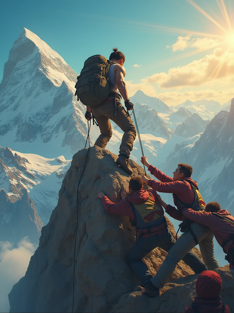 "Crée une image d'une personne grimpant une montagne sous un ciel ensoleillé et clair. Cette personne est tirée vers le bas par plusieurs autres individus qui s'accrochent à ses jambes et à ses bras, essayant de la faire chuter. Malgré la lumière chaleureuse du soleil, la scène montre la lutte intense et les efforts du grimpeur pour avancer. Le contraste entre le beau temps et l'effort pour surmonter les obstacles accentue la détermination du grimpeur à atteindre le sommet, symbolisant la lutte contre les forces qui cherchent à les retenir."