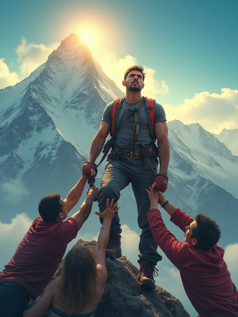 "Crée une image d'une personne grimpant une montagne sous un ciel ensoleillé et clair. Cette personne est tirée vers le bas par plusieurs autres individus qui s'accrochent à ses jambes et à ses bras, essayant de la faire chuter. Malgré la lumière chaleureuse du soleil, la scène montre la lutte intense et les efforts du grimpeur pour avancer. Le contraste entre le beau temps et l'effort pour surmonter les obstacles accentue la détermination du grimpeur à atteindre le sommet, symbolisant la lutte contre les forces qui cherchent à les retenir."