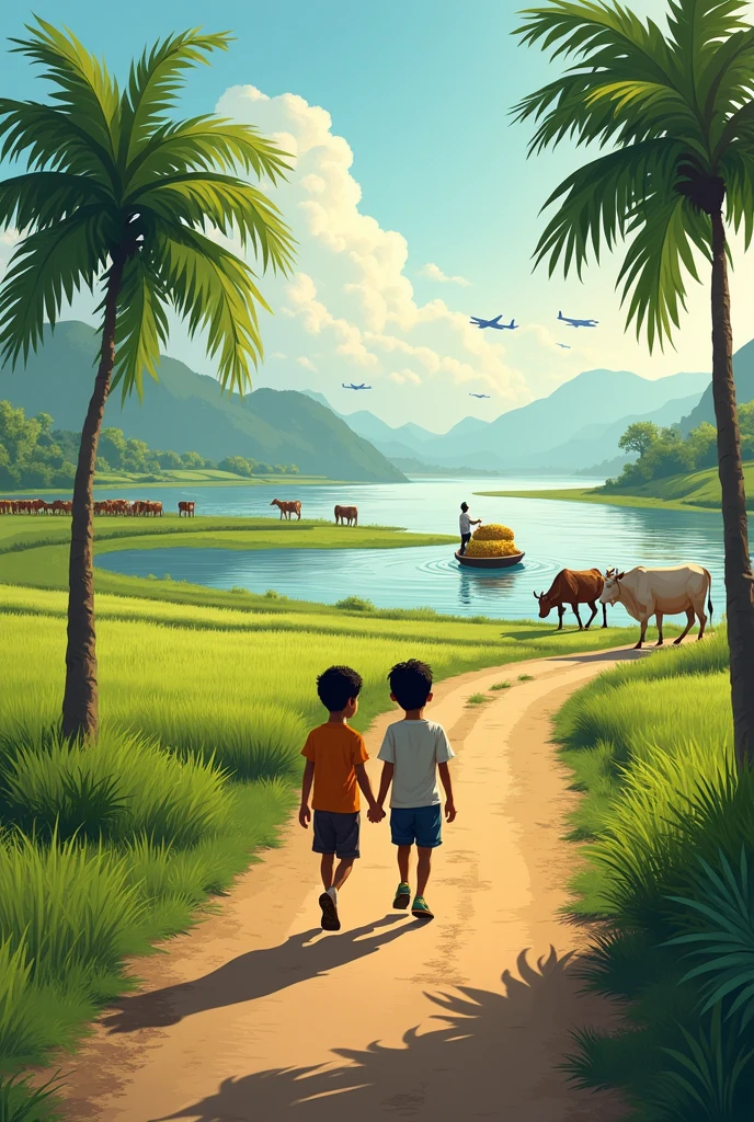 A boy and his friend are walking along a beautiful road in rural Bengal. Rows of green paddy fields and some coconut trees can be seen on both sides of the road. A little further on the river a boatman is carrying the golden harvest in his boat. Some cows have come to drink water on the bank of the river. An airplane is flying in the sky, and birds are flying freely in the sky. Behind the boat, some ripples are forming in the calm water of the river and the sunlight is reflecting on the river, making the image more vivid.

This description can give the impression of a lively and picturesque rural scene.
