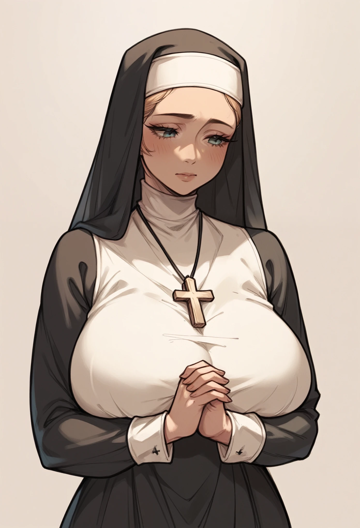 score_9, score_8_up, score_7_up, score_6_up, score_5_up, score_4_up, source_manga, rating_safe, 1girl, monochrome, detailed crosshatching, nun outfit, huge breasts, hands clasped under chest, rosary around neck,
