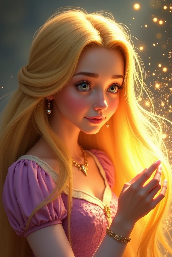 gernate a picture of baby rupenzel golden long lock braid of her hair shine brightly and rupenzal see her hair