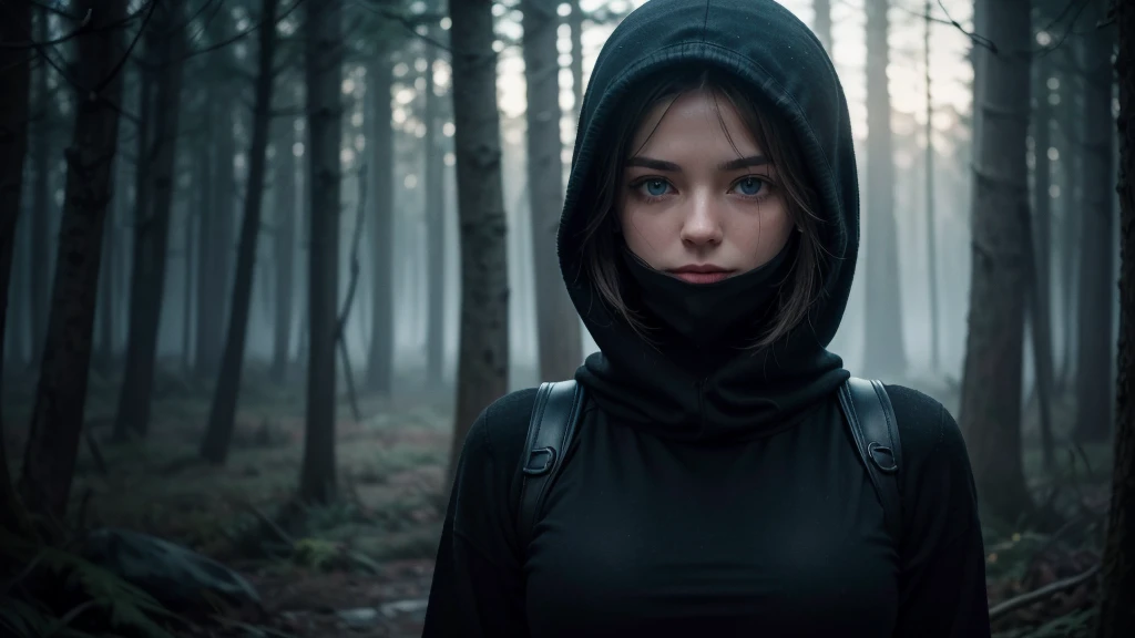 One woman, approximately 2, lightweight black clothing, wearing a prominently visible balaclava. She has striking blue eyes, adding to the atmosphere. The woman is depicted from the waist up, in random, beautiful locations and in various natural poses. Her face and other visible parts of her body are rendered with maximum detail and high quality. The background and her pose are randomly generated, creating a unique and unpredictable scene with a sense of mystery and solitude. The image features soft, diffused lighting and a shallow depth of field, enhancing the overall mood.