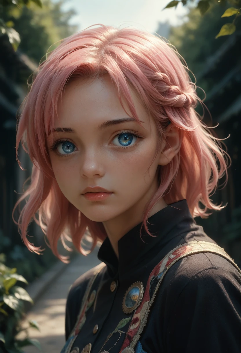 high res, masterpiece,Micchon Shikimori, pink hair, solo, 1girl,outside,deatailed background, detailed eyes, ((blue eyes))