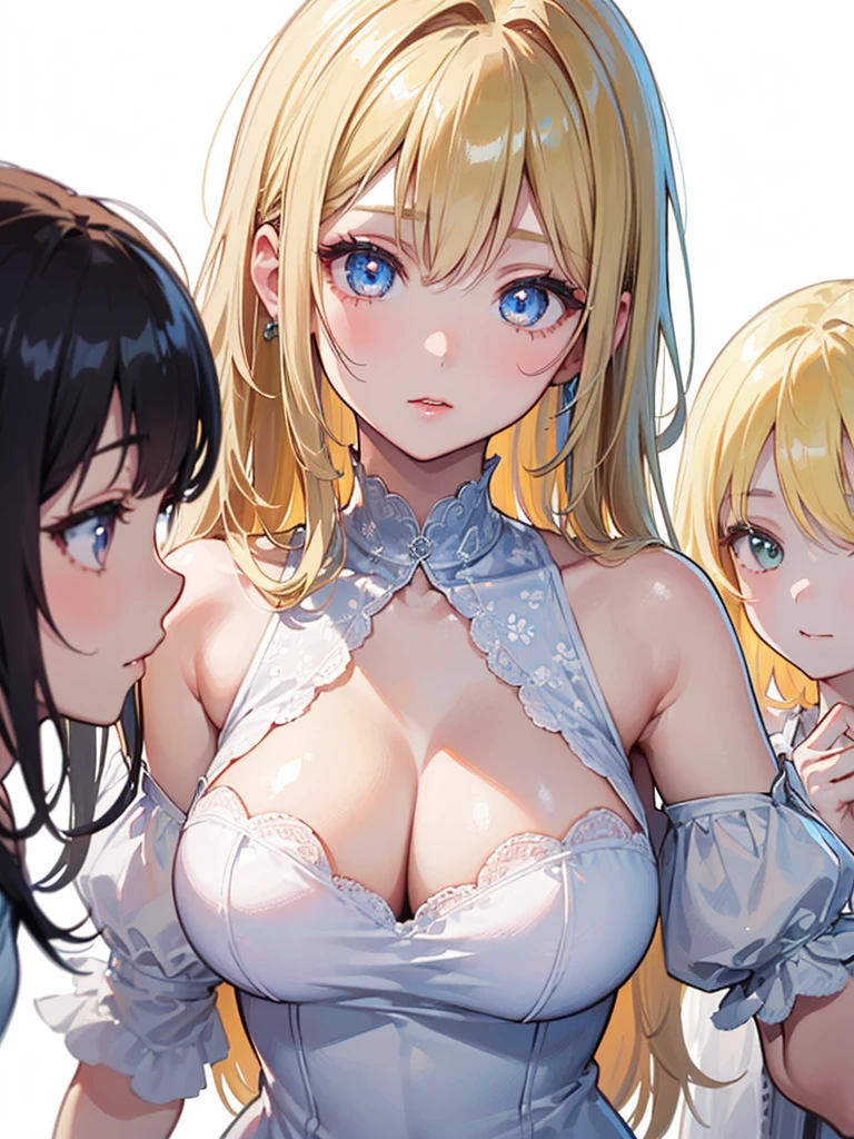 (((((3 girls:1.3)))))、(((forehead、huge breasts:1.3、3 girls:1.3、white blond hair:1.3、cowboy shot:1.3、A calm face、long hair、Northern Europe、White、beautiful girl、White Blonde、Blonde、White background、Off-the-shoulder dress:1.3、、cute、Young、True Face、Shiny Hair、whole body)))、table top, highest quality, figure, super detailed, finely, High resolution, 8k wallpaper, Perfect dynamic composition, detailed and beautiful eyes, Deco out,bionde, breasts, Natural color lip,white background, random cute poses,