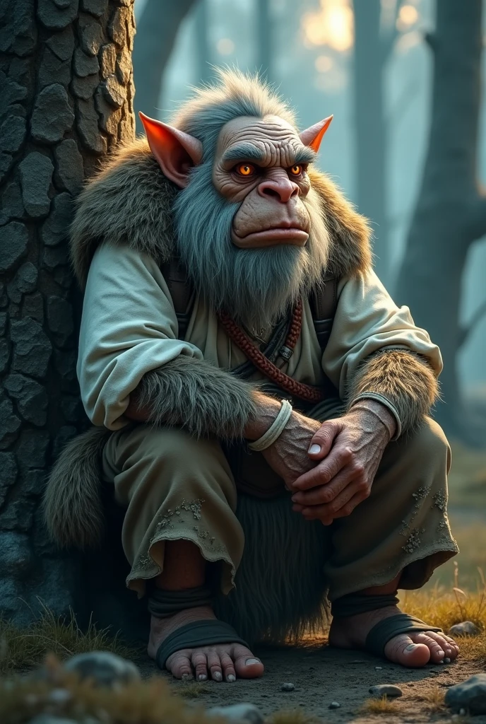 human nature, wild animals,Orcs,refugee, male,3,elder, solitary, ((Round Face, The face is plump,Orange Eyes,Light grey hair,毛茸茸of耳朵,蓬松of tail)), ((Endomorph, 无聊of,Touch the fish)), (Poor people,refugee,solitary独无力of,破旧of白衬衫和破洞裤子), ((虎Orcs,) 蓬松of fur, 蓬松of), Bokeh, (high quality, high resolution, masterpiece), (Dynamic Lighting, 鲜艳of色彩,Natural fill light), (Revitalize,Pitiful,疲劳of), Full body pictures (close up), cartoon, author:Takemoto Arashi, From Zixiong, author:Chunni, author:Ethereal,moonlight,Sleep at night,of,moonlight照射森林,Leaning against a tree,明亮ofmoonlight,Wild at night,(background:Overnight in the forest)