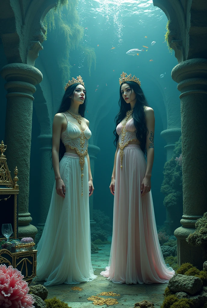 A full-body shot of a (extra wide angle 1:1) portrait, ((2 Super realistic gorgeous vampire queens)) twin queen sisters, wearing their golden crowns, necklaces and earrings  with big pink crystals 1:1, and their 3 girlfriends gorgeous blondes and brunettes with perfect extra beautiful (((detailed realistic face))), with jewelry’s, necklace, earrings. In a dark deep sea (big medieval ballroom very old realistic 1:3) in an old gothic palace, under the sea. Gliding neutrally buoyant in the sea. Sinking down at the bottom. Ripped many layered silk and lace medieval dresses. Rrayed apart lace dresses. Gold garnish. The queens have a big light-colored very finely detailed eyes, black super-long hair. Their exquisite girlfriend queens have an extra long hair, crown also big bright blue finely detailed eyes. Pale pink, white, black with gold and diamond dresses. Dresses in many layered lace and chiffon riven apart and wet ( perfect hands, five fingers on each hand.) Small breasts cleavage, (hyper realistic perfect eyes 1:3). Face with Pale perfect detailed skin. Hyper detailed skin on body. Queens surrounded by Perished under-water gothic palace 1:1 On the bottom of the sea are golden crowns 1:1, adorned with pink crystals 1:1. Bright colored blue, pink, orange, green fishes swimming around. Pink Corals. Sea moss. Octopus. Treasure chest with gold coins and jewelry in it. The scene a beautiful empresses swimming ghostly, their super long 1:1 hair flowing all around. Sad. Scared(Best Quality Detailed faces)1:1. A medieval fairytale vibe, with a big black intricate throne in a corner at the bottom with sea moss on it. In a fantastic scene that uses 3D Surreal 3D model. Big gold gothic medieval five armed on the seafloor, surrounded by crystal wine glasses—one tipped over and broken. The entire setup is masterpiece 1:3 framed with the grandeur of medieval gothic style. photographed in a Canon EOS R5, 50mm Lens, F/2.8, (8K)"