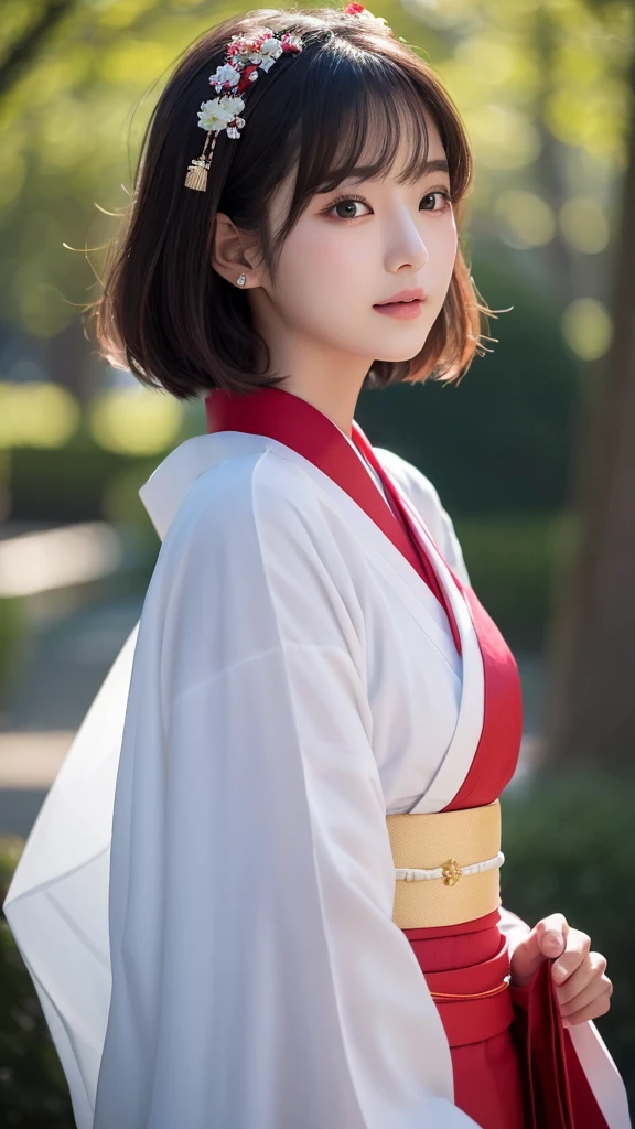 Medium Hair、(Photo realistic:1.4)、(Surreal:1.4)、(Realistic:1.3)、 (Gentle lighting: 1.05)、(Improve the lighting quality of the video:0.9)、32K ...、 One person、20-year-old girl、Photorealistic Lighting、Backlight、Facial Light、Ray-tracing、(bright:1.2)、(Improvement of quality:1.4)、 (Highest Quality Real Texture Skins)、Beautiful Eyes,Delicate and elegant face、 (Tired, sleepy and satisfied : 0.0), Face close-up, White kimono、Red long skirt、Shrine maiden costume : 1.3, ((Closing the collar of a kimono)), Glowing Skin、Korean Idol、Nogizaka Idol、Burning idol pose、Beautiful actress、A proper woman、 whole body