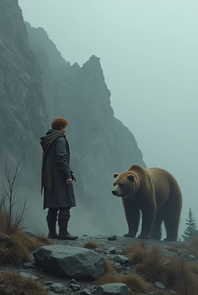 On a mountain in gray weather, a man with curly red hair stands calmly in front of a large calm bear