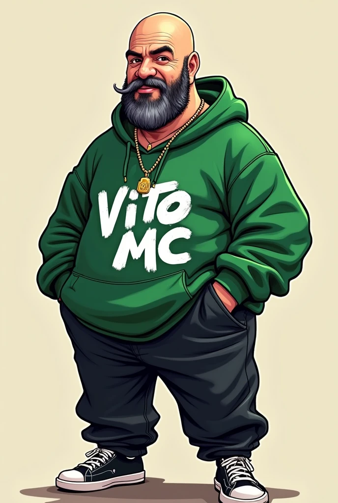 White man 1,70 90 kg dressed as a rapper 3 bald with a black beard, some grey hair and a mustache green baggy sweatshirt with graffiti that says Vito Mc black baggy pants sneakers cartoon drawing