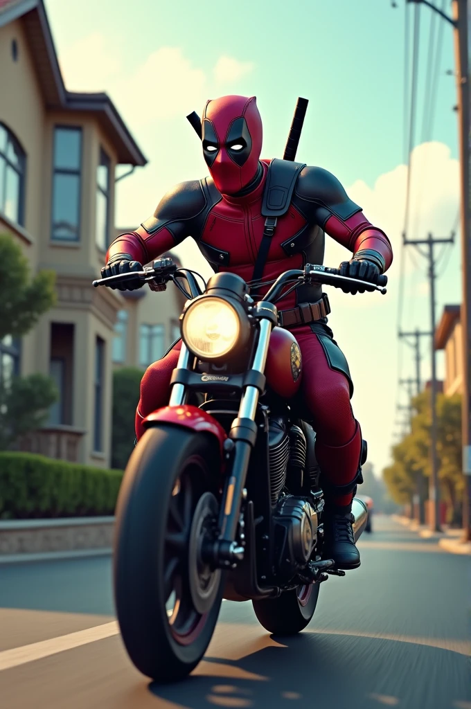 Deadpool is riding his bike on the street in front of his house.