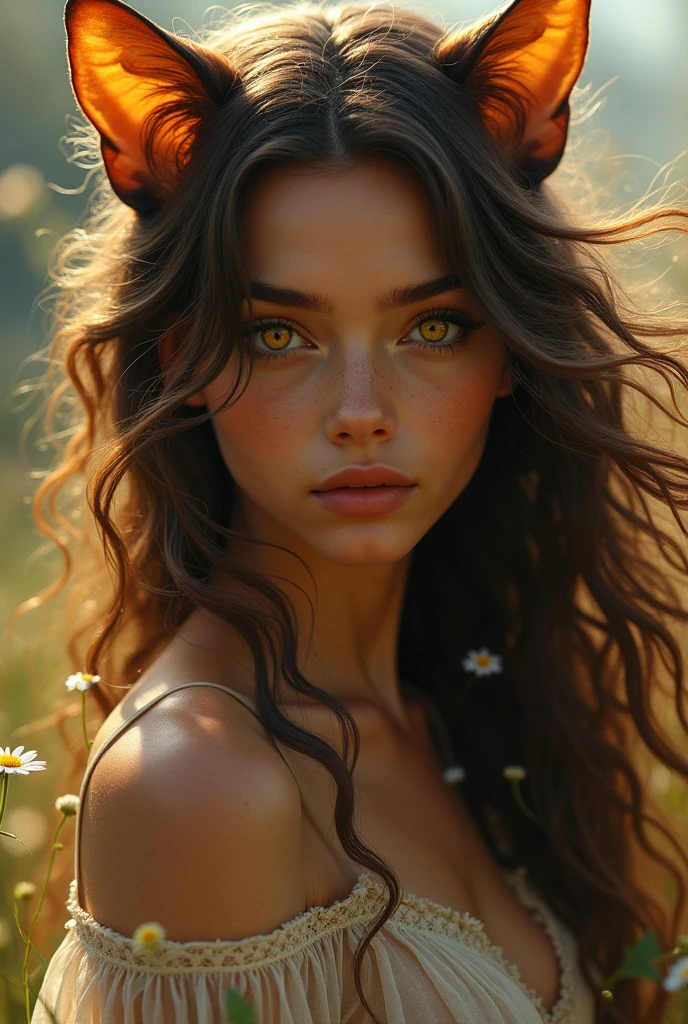 A young woman has thin, pointed ears, similar to those of a feline. These ears are slightly translucent, showing delicate details in the sunlight, as if they were woven from a fine silk fabric.
**Skin Color:** Her skin is a dark brown tone, similar to the earth in the rain. This neutral tone reflects her connection with the earth and nature. Her skin is soft to the touch, with a lightness that reminds of the warmth of the afternoon.
**Hair:** Her hair is long and curly, a dark brown that shines with golden highlights in the sun. Her strands are so fine and silky that they seem to be always in motion, floating with the slightest touch of wind. She leaves them loose, allowing the breeze to play with them, there are small wildflowers intertwined.
**Eyes:** Her eyes are a stormy yellow, reminiscent of the afternoon sun before dusk. They have a constant, restless glow. **Facial Features:** She has delicate and elegant facial features, with high cheekbones and a slightly pointed chin that enhances her agile expression. Her face is firm and has a serious expression. Her lips are thin and curved. Her arched and thin eyebrows frame her yellowish eyes, giving her an expression of eternal seriousness.
**Body:** She is slender and sexy, with a body that seems made for seduction. Her movements are quick and graceful, almost as if she were dancing to the rhythm of the wind. She has a firm and confident posture, ready to move at any moment, as if nothing could hold her back. Her arms and legs are strong and elegant, reinforcing her appearance of always being in motion.
**Clothing:** She prefers short and tight clothes, made of fine fabrics that cling to the body. She usually wears native clothes in shades of red, white, and orange, which imitate the colors of the sky at dusk. Her outfits are often adorned with small natural details. She also wears braided leather belts.