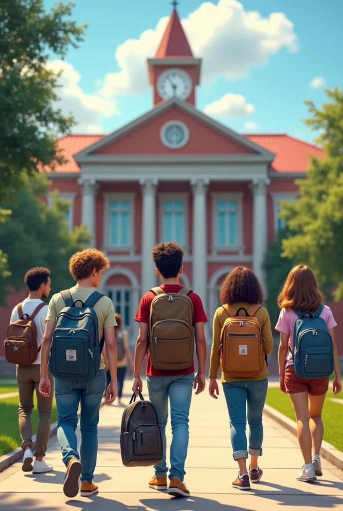 Teenagers going school wearing bags in front of institution