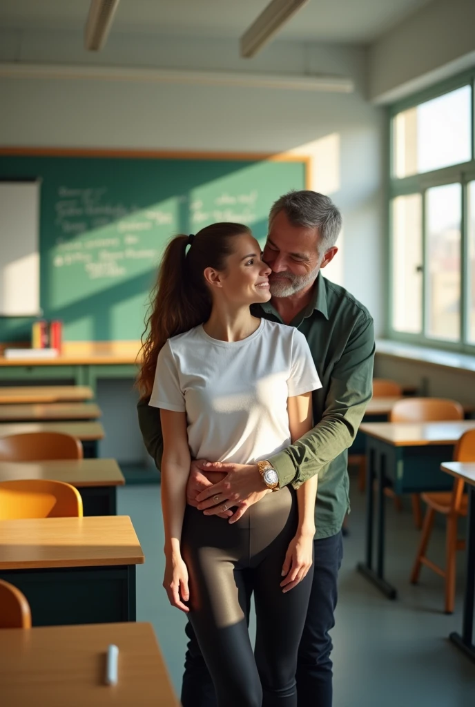 High waist female students, Female teacher in black latex leggings in classroom being hugged from behind by an older male teacher