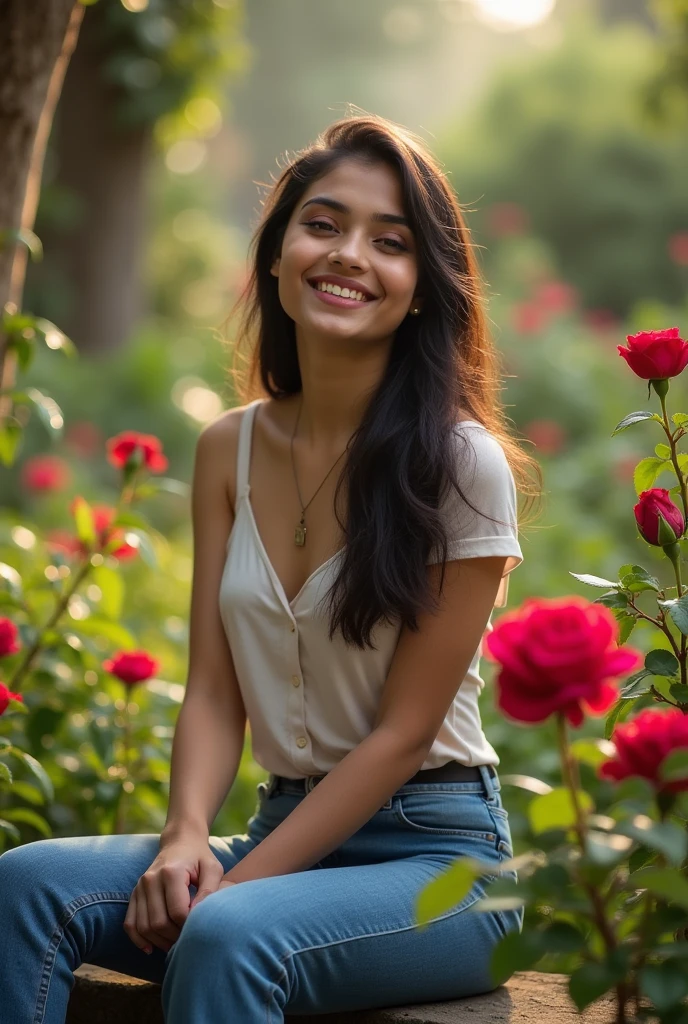 A beautyful indian girl wear jeans top in the beautiful garden with red rose