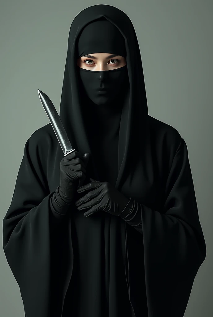 Portrait of a muslim woman wearing a black niqab and black gloves, standing streight, looking at camera, holding a knife, photorealism:1.2, high detail, high resolution, 4K, UHD